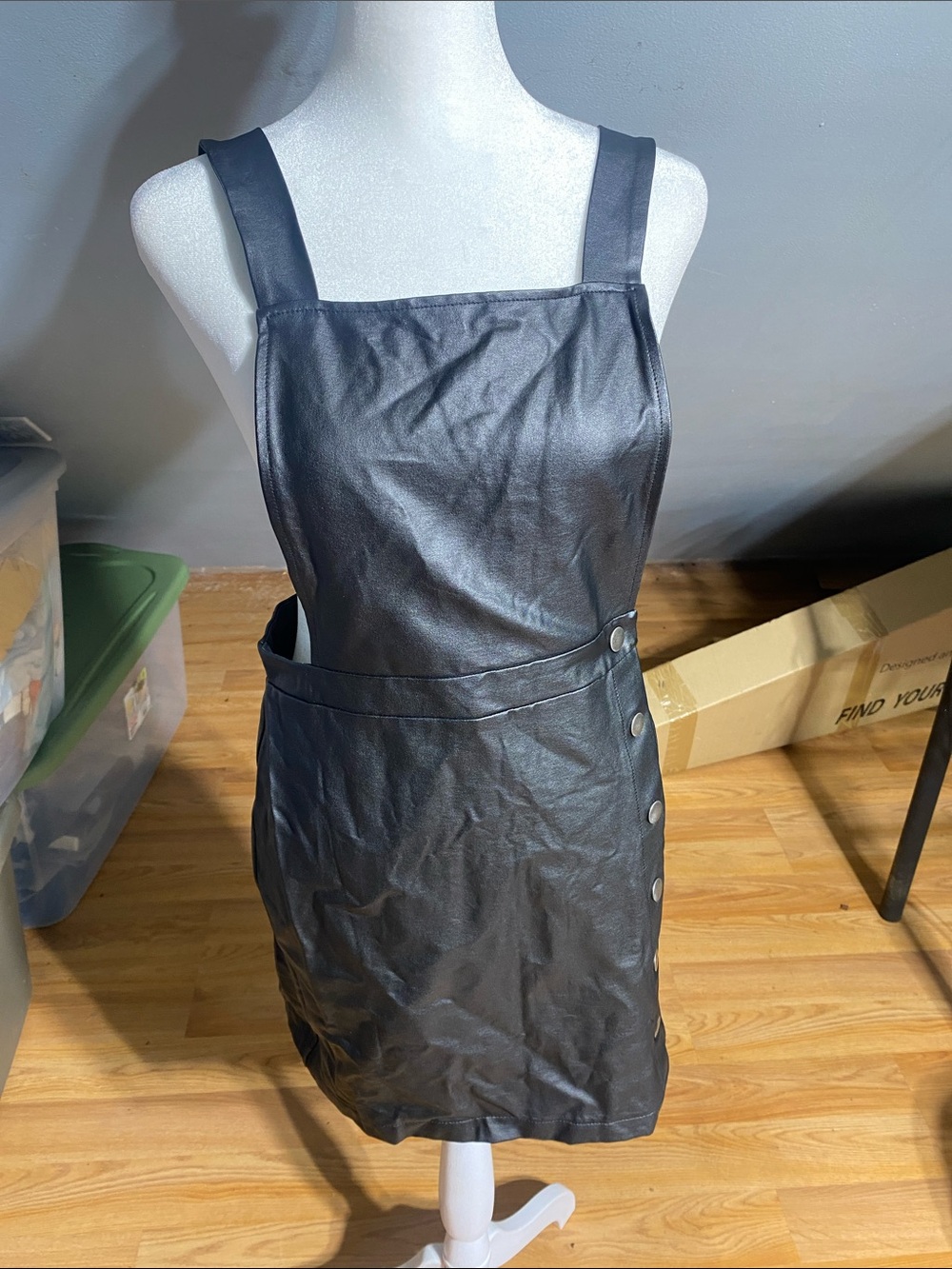 Black Faux Leather Mini Pinafore Dress with Side Snaps